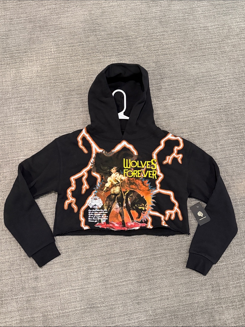 Darc Sport Black Cropped Hoodie with Orange Lightning 'Wolves Forever' Graphic